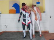 Muscle man tries on spandex cosplay suit with the help of his muscle Daddy