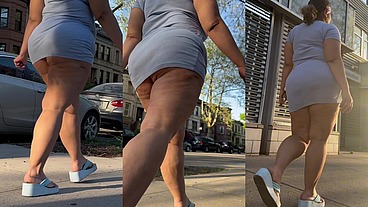 Puerto Rican Boricua Mami With Thick Legs And Natural Fat Ass Big Booty Walking With a Switch In Slow Motion Wearing A Mini Skirt And high Heel Wedge Platform Flip Flops