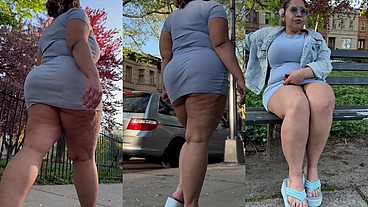 Puerto Rican Boricua Mami With Thick Legs And Natural Fat Ass Big Booty Walking With a Switch In Slow Motion Wearing A Mini Skirt And high Heel Wedge Platform Flip Flops