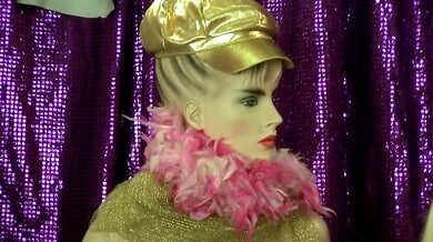 Blonde performs titillating striptease and oral on masked men in a theatrical fetish show