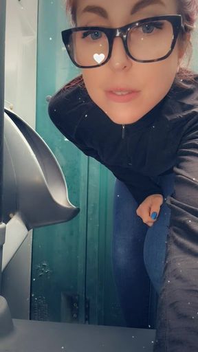 Slim faerie stands in porta-potti for some pee play