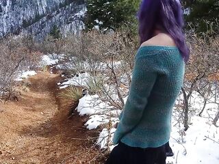 Transgirl pissing in public on a snowy trail