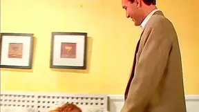 Ginger slut wearing high heels gets fucked and jizzed on hairy pussy