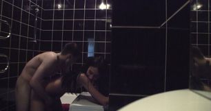 Stunning brunette chick gets hammered in the public toilet