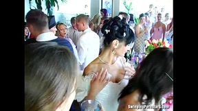 Wedding whores give public blowjobs during a nasty gangbang