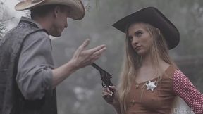 Skinny small tits ranger punishes naughty cowboy!