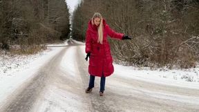 Girl on ice, slippery high heels, sliding girl on ice, heelless on ice