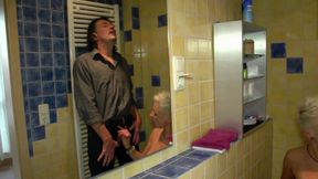Blonde pierced wife gets fucked in the office after she sucked dudes cock in the toilet