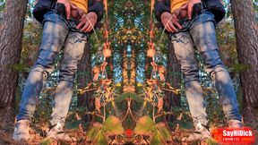 Two brothers pee in the forest - double video