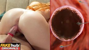 Redhead cougar's explosive creampie party: condom bursts, she conceives his hot load.