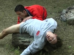 Gay oral junkie makes his mate bust a nut outdoors