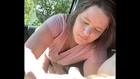 Chubby trailer trash whore sucks cock in the backseat of a car then takes a facial