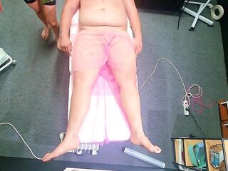 This guy fell off the massage daybed. Then This babe make glad ending for him !