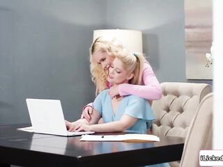 Stepdaughter Khloe Kingsley is secretly banging her blond lesbo stepmom Charlotte Stokely. That babe keeps her voice down whilst getting her twat licked.