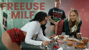 Christmas MILF threesome with deepthroat blowjobs