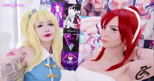 Two cosplay babes fuck with huge dildos in cartoon fantasy