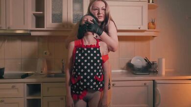Gloved Apron Fetish Stepmom Covers Stepdaughter Mouth Kitchen Femdom Scene