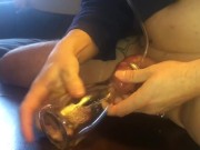 Huge cock sucked in to little glass vase vacum makes him cum