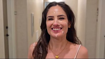 Natural Brunette Slut Gets Facial And Walks In Public