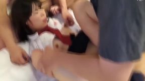 Asian Brunette Angel Takes Two Uncut Cocks in HD Threesome