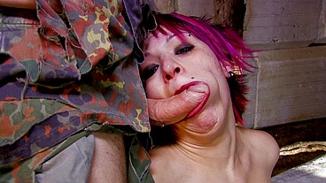 Redhead girl in lingerie gets fucked by a soldier with a hard cock