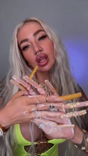 Tattooed blonde bimbo creams massage extra long fake nails fetish fake tits