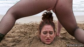 Big Beautiful Woman whore got piss buried on the beach