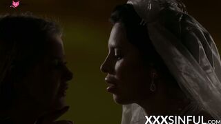 Beautiful lesbian couple moans while kissing and scissoring