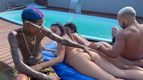 Latina stepmom and her teen stepdaughter's poolside threesome