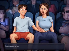 Summertime saga: stepbrother fingers his stepsister in the cinema