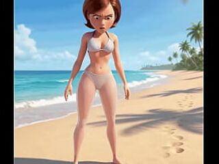 The astounding mama puts on her purple bikini