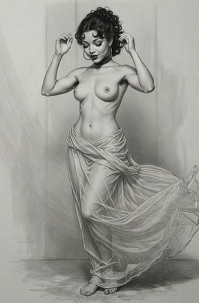 Hairy Retro Pin-Up Beauty Lifting Her Gown - Erotic Art (2 of 6)