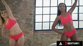Sensual interracial lesbian. sex during yoga with skinny Romy Indy and Freya Mayer