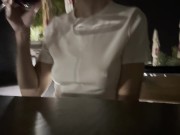 Hubby touches my pussy in a beach bar with me dressed in a tight shirt and short skirt, no panties.