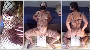 Exhibitionist in fishnet catsuit, front and reverse doggystyle