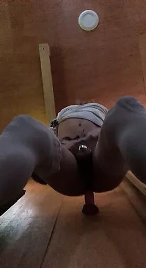 Sissy fucks dildo standing