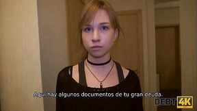 Debt. Young debtor pays debts with tender mouth and vagina