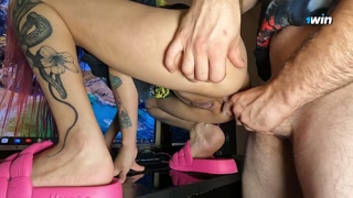 Lesbian tries anal and squirts on dick
