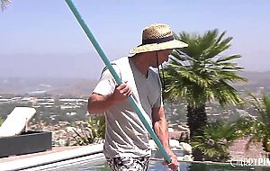 Smoking hot busty milf tempts poolboy with a toy in her ass