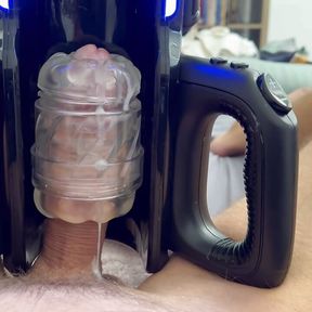 Pumping cum from my big uncut dick with my masturbation robot sex toy