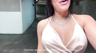 Angela Doll gets drenched in public with an unexpected load deep inside her while onlookers watch