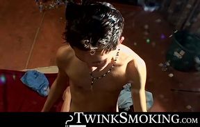 Hardcore smokers Jayden Taylor and Kayden Daniels swap blowjobs in a smoky room