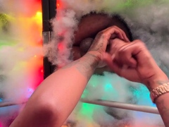 Hot blonde strokes and sucks black cock in glory hole