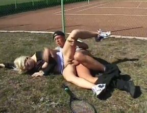 Blonde tart sucks a wang on tennis court and takes a ride on it