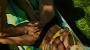 Pamela blond with huge tits rides cock in the garden - Nick Manning's wildest vol. 8