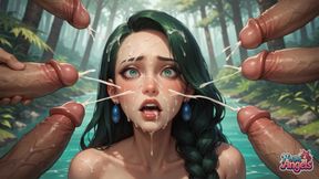 Jungle Deluge: 5 Penises Drench Her in Milky Bliss