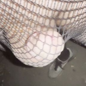 Night walking in pantyhose close road teen boy flash no pants