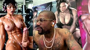 sweaty buff ass beef cake transgender girl jerking off and cumming all over herself at the gym, ai generated