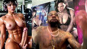 sweaty buff ass beef cake transgender girl jerking off and cumming all over herself at the gym, ai generated