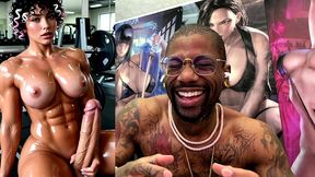 sweaty buff ass beef cake transgender girl jerking off and cumming all over herself at the gym, ai generated